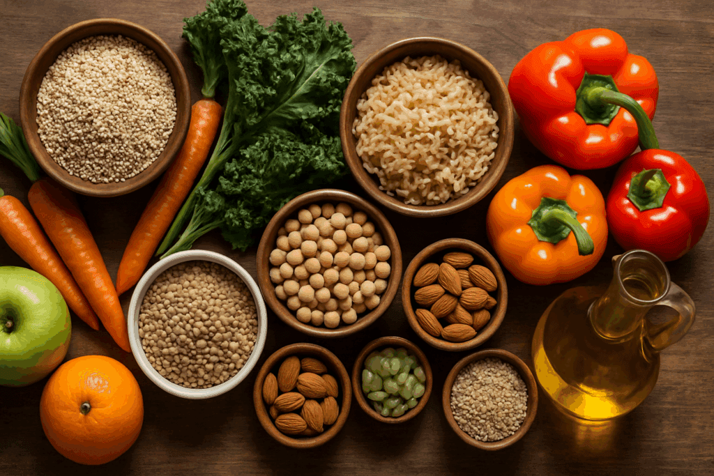 Whole Food Dinner Ideas for a Healthier Lifestyle: Easy, Unprocessed Meals Backed by Nutrition Experts 1 Flat lay of colorful vegetables, grains, legumes, nuts, and olive oil arranged on wood, illustrating whole food dinner ideas.