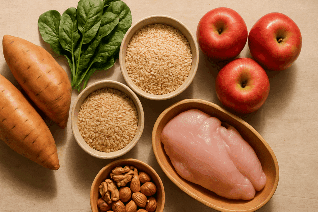 Whole Food Nutrition Demystified: What Does Whole Foods Mean and Why It Matters for a Healthier Lifestyle 1 Flat lay of sweet potatoes, leafy greens, apples, brown rice, quinoa, raw nuts, and unprocessed chicken breast on wood background, illustrating Whole Food Nutrition Demystified.