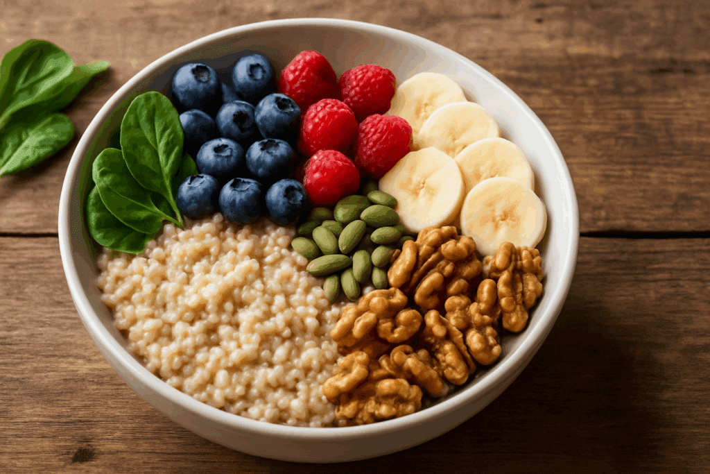 Whole Food Nutrition Demystified: What Does Whole Foods Mean and Why It Matters for a Healthier Lifestyle 2 Nutrient-dense whole food breakfast bowl with oats, berries, banana, walnuts, seeds, and greens on wood surface—Whole Food Nutrition Demystified.