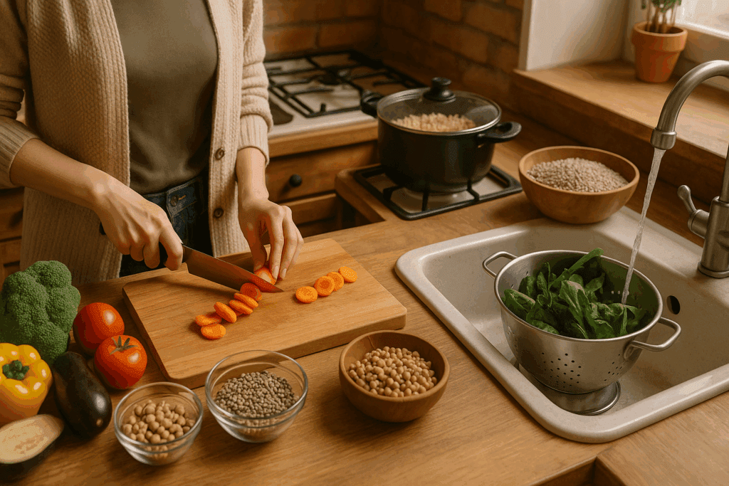 Whole Food Nutrition Demystified: What Does Whole Foods Mean and Why It Matters for a Healthier Lifestyle 4 Cozy kitchen scene showing whole food meal prep with legumes, grains, and vegetables, illustrating Whole Food Nutrition Demystified.
