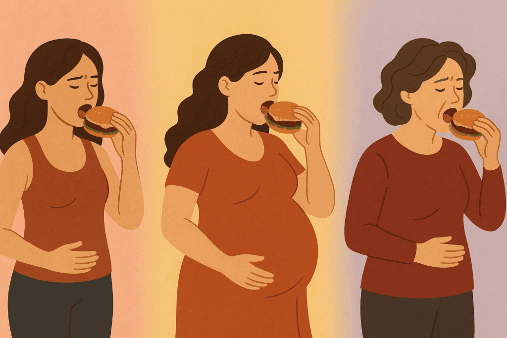 Why Am I Always Hungry? Understanding Constant Hunger, Hidden Triggers, and How to Eat Mindfully 5 Illustration showing a woman at different life stages (menstruation, pregnancy, menopause), each holding and eating a burger. The image highlights hormonal changes influencing hunger, with soft pastel backgrounds representing each phase. This visual aligns with the theme of 'Why Am I Always Hungry?' by exploring how hormonal shifts impact appetite in women across various life phases