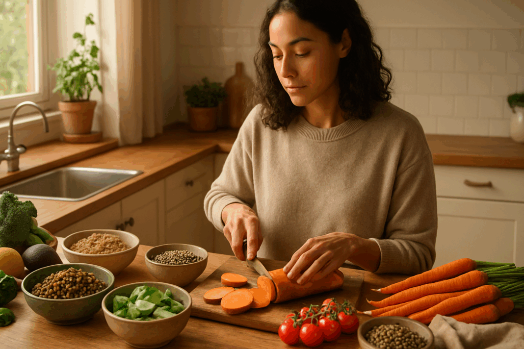 Mindful woman preparing fiber-rich whole-food meal with sweet potatoes, lentils, and brown rice—illustrating why am I craving carbs.