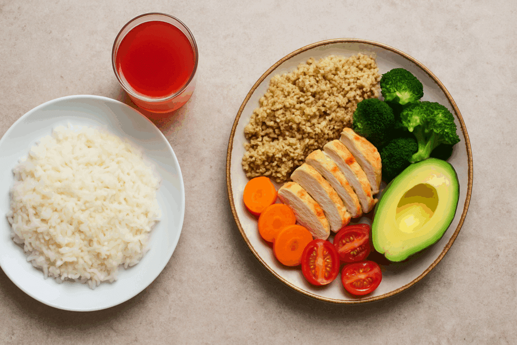 Why Am I Craving Carbs? Understanding Carbohydrate Cravings and How to Curb Them Naturally 2 Balanced vs. unbalanced meal showing visual answer to why am I craving carbs, with colorful whole foods beside plain white rice and sugary drink.