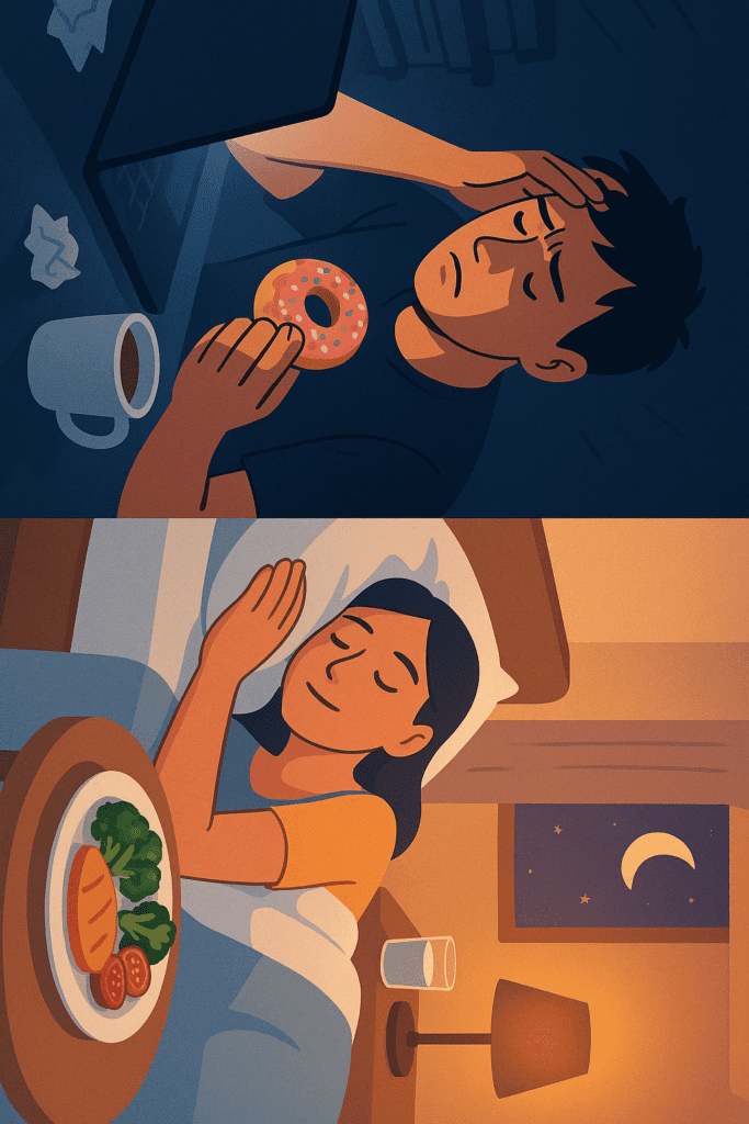 Why Am I Craving Sweets All of a Sudden? Expert-Backed Reasons and How to Stop Sugar Cravings Naturally 4 Split-screen of a stressed man craving sweets and a relaxed woman sleeping peacefully, illustrating why am I craving sweets all of a sudden.