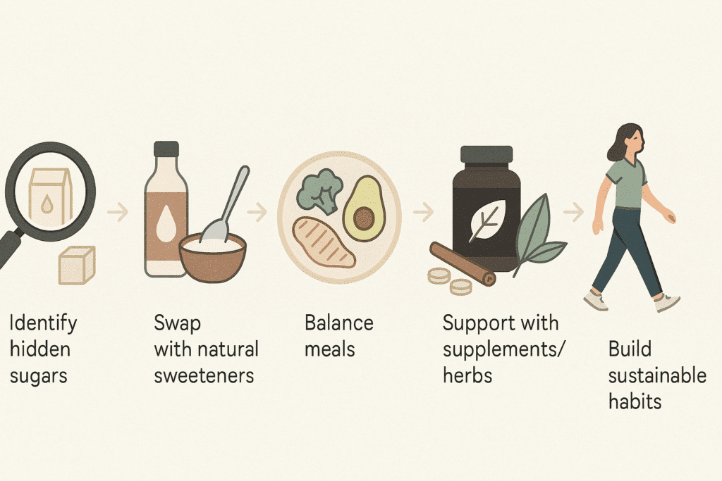 Why Am I Craving Sweets All of a Sudden? Expert-Backed Reasons and How to Stop Sugar Cravings Naturally 7 Step-by-step infographic answering why am I craving sweets all of a sudden, showing sugar identification, natural swaps, balanced meals, supplements, and habit change.