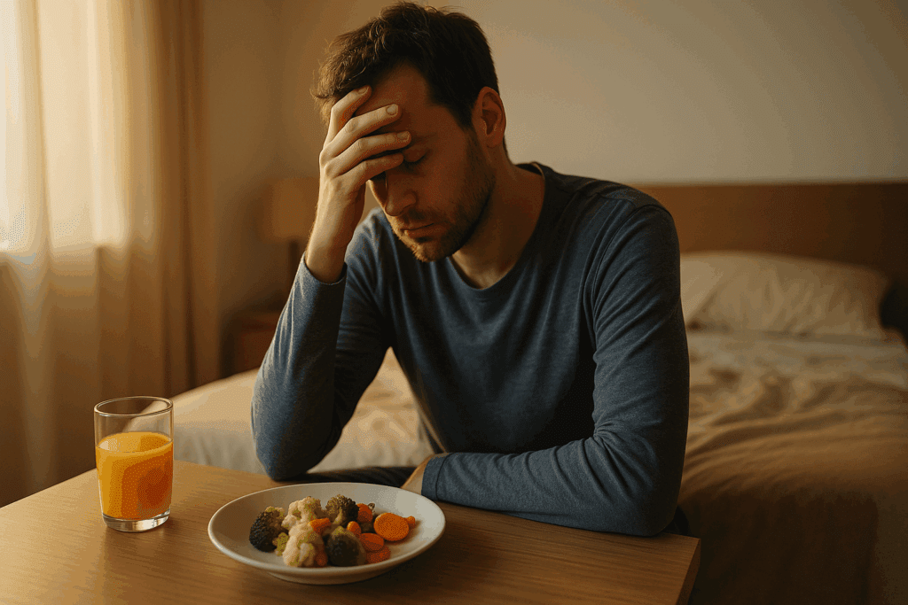 Why Am I Not Hungry Anymore? Understanding Sudden Loss of Appetite, Nausea, and What It Means for Your Health 4 Fatigued person sitting at a kitchen counter, resting their head in their hand with an untouched meal of mixed vegetables and a glass of juice nearby, reflecting a loss of appetite and fatigue. The scene suggests early morning or late afternoon lighting, highlighting the theme of why am I not hungry anymore?