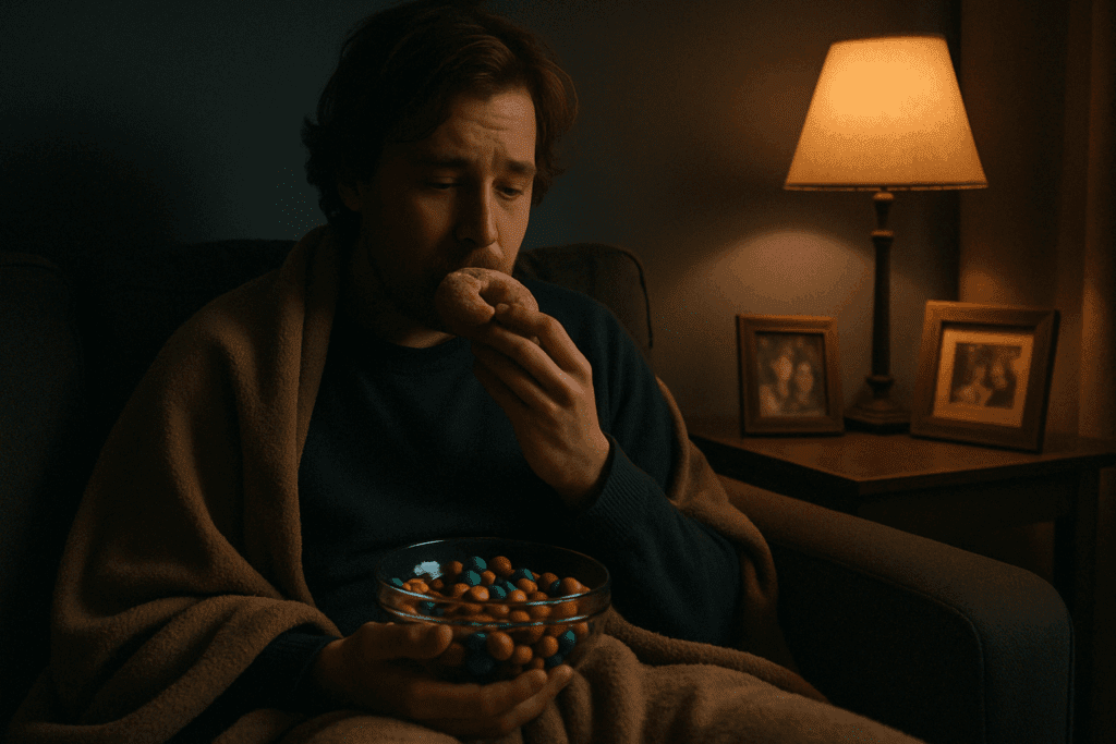 Why Do Diabetics Crave Sugar? Understanding the Link Between Blood Sugar Swings, Insulin Resistance, and Sweet Cravings 4 Man sitting alone at night comfort-eating sweets under dim lighting, symbolizing emotional triggers linked to why do diabetics crave sugar.
