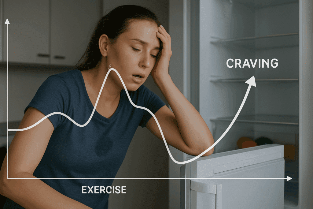 Why Do I Crave Sugar After Exercise? Expert Insights on Post-Workout Sugar Cravings and How to Manage Them Naturally 4 Fatigued woman leaning on open fridge after workout, overlaid with a blood sugar graph showing a dip and spike, illustrating why do I crave sugar after exercise.