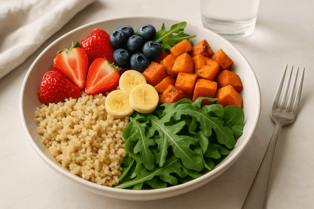Why Do I Crave Sugar After Exercise? Expert Insights on Post-Workout Sugar Cravings and How to Manage Them Naturally 5 Post-workout meal with quinoa, sweet potatoes, leafy greens, and fruit, illustrating why do I crave sugar after exercise