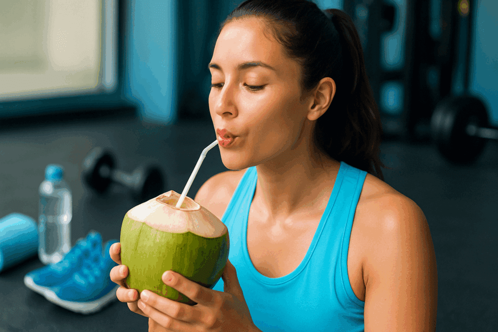 Why Do I Crave Sugar After Exercise? Expert Insights on Post-Workout Sugar Cravings and How to Manage Them Naturally 7 Woman drinking coconut water after a workout in a gym, representing post-workout recovery and the question why do I crave sugar after exercise.