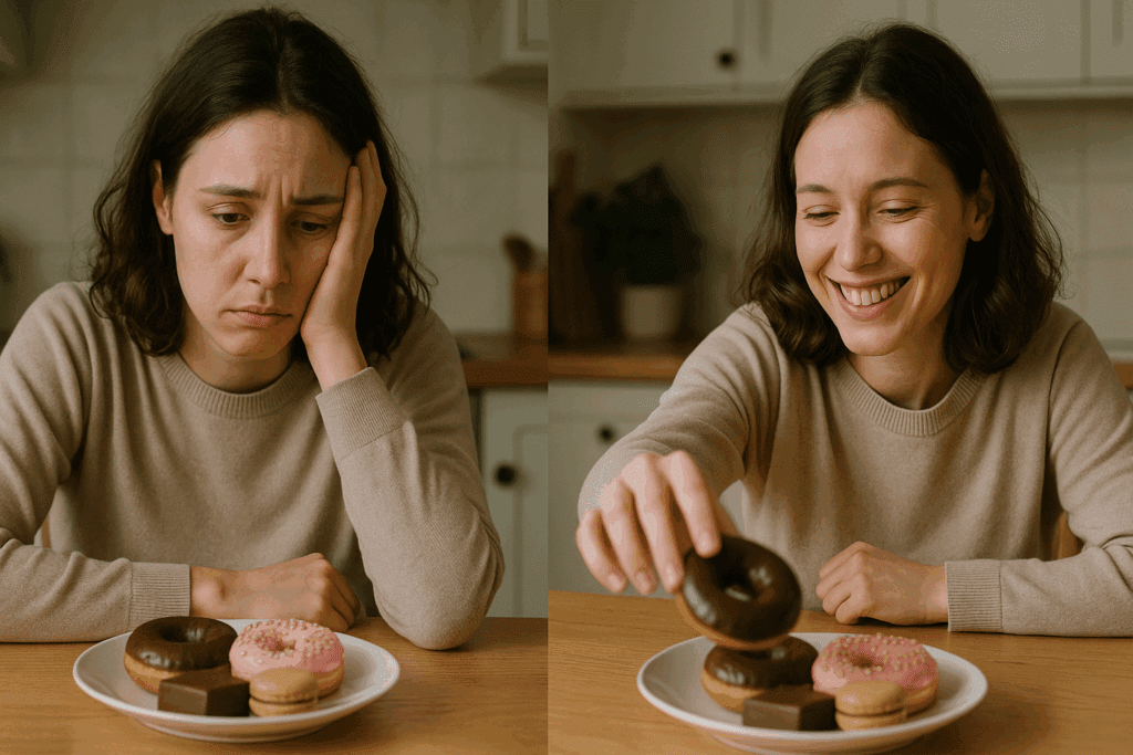Why Do I Crave Sweets After Eating? Expert-Backed Reasons for Craving Sweets After Meals and How to Respond Mindfully 2 Split image of a woman at a kitchen table, emotionally drained on one side and smiling while reaching for sweets on the other, illustrating why do I crave sweets after eating