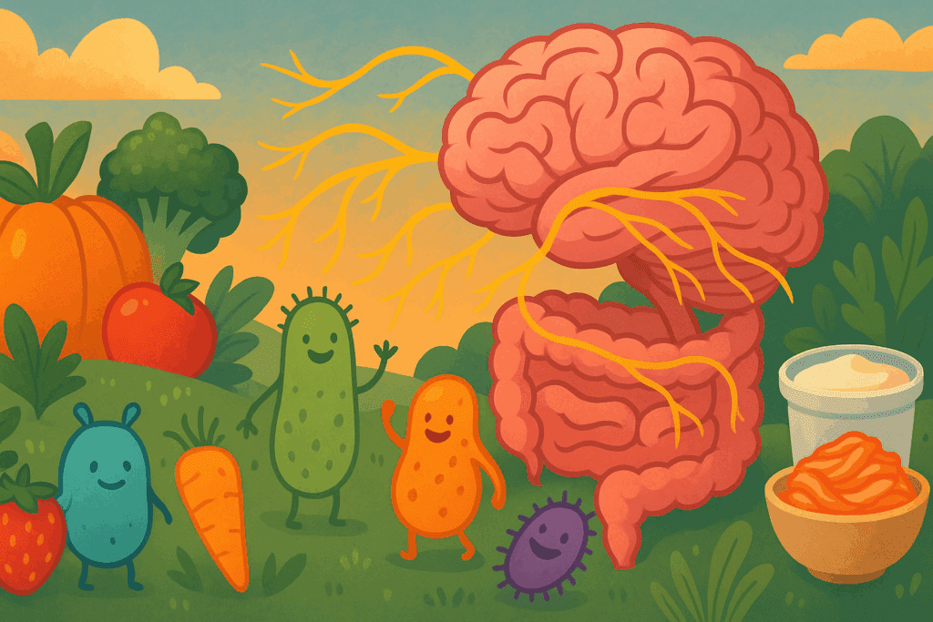Why Do I Crave Sweets After Eating? Expert-Backed Reasons for Craving Sweets After Meals and How to Respond Mindfully 4 Friendly cartoon microbes in the gut interacting with nerves connected to the brain, surrounded by fruits, vegetables, yogurt, and kimchi—concept art illustrating why do I crave sweets after eating.