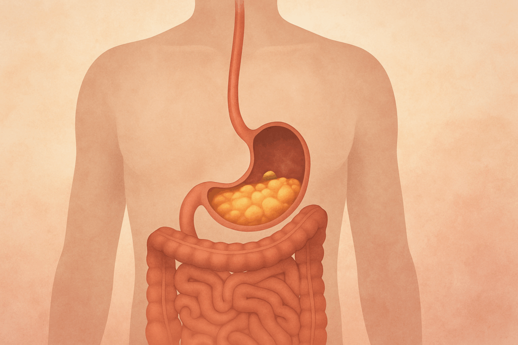 Why Do I Feel Full So Quickly? Understanding the Causes of Early Satiety and What It Could Mean for Your Digestive Health 1 Stylized medical illustration of slow digestion with food remaining in a semi-transparent stomach, representing Why Do I Feel Full So Quickly