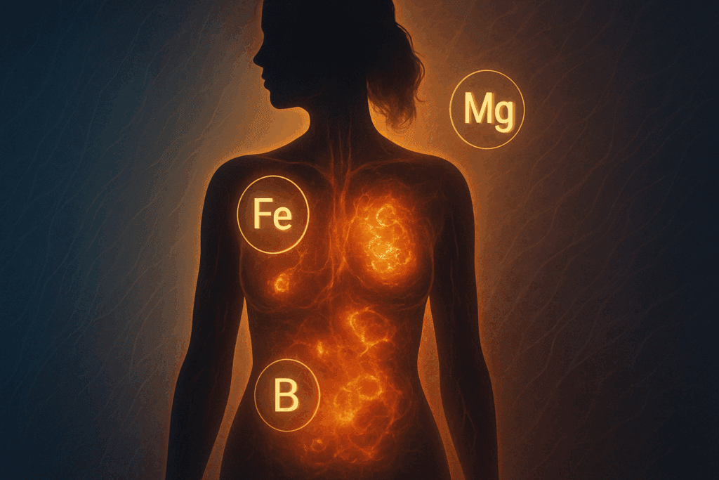Why Do I Feel More Hungry When Coming Off My Period? Understanding Hormonal Changes and Post-Period Cravings 2 Silhouette of a woman post-menstruation with glowing nutrient symbols like iron, magnesium, and B vitamins to illustrate metabolic recovery, depicting why women may feel more hungry when coming off my period.
