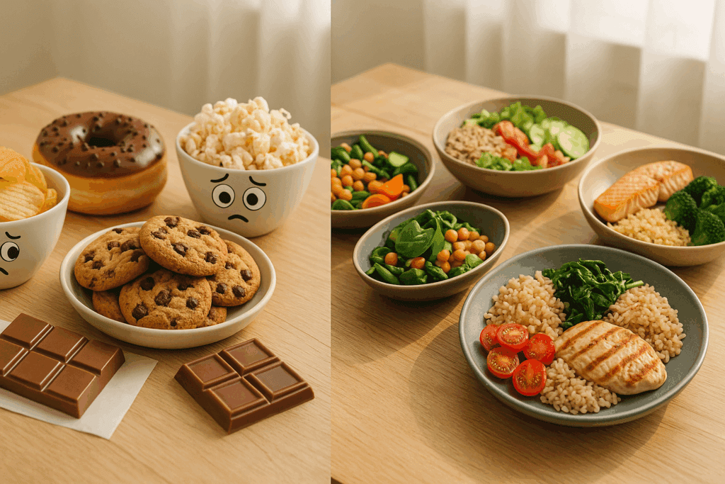 Why Do I Feel More Hungry When Coming Off My Period? Understanding Hormonal Changes and Post-Period Cravings 3 Side-by-side comparison of snack cravings and nutritious meals illustrating why some feel more hungry when coming off my period.