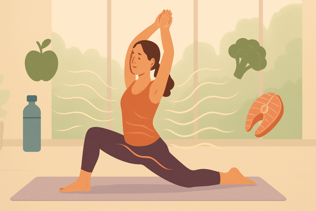 Why Do I Feel More Hungry When Coming Off My Period? Understanding Hormonal Changes and Post-Period Cravings 5 Woman doing yoga in a bright room with energy waves and healthy food icons, symbolizing why some feel more hungry when coming off my period.