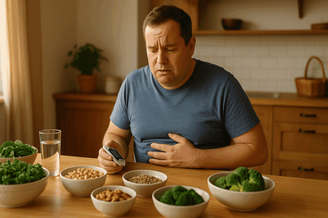Man with diabetes holding his stomach in discomfort at a kitchen table full of healthy food, illustrating the question why does diabetes make you so hungry