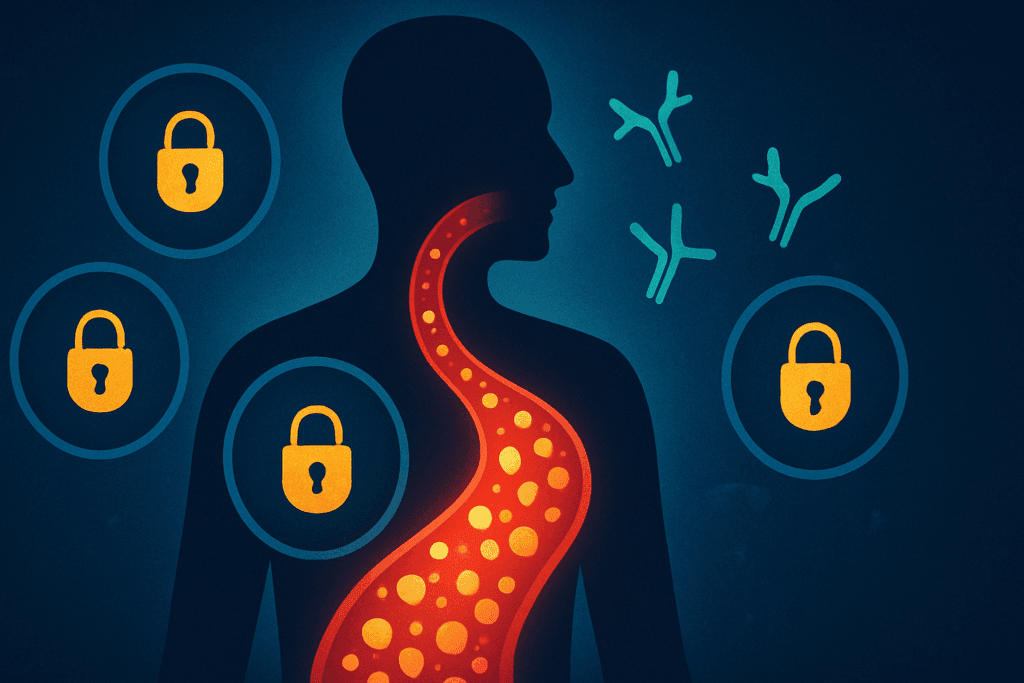 Conceptual illustration showing why does diabetes make you so hungry, with glucose-filled blood flowing through a human silhouette while nearby cells remain locked and insulin icons float around to depict resistance.