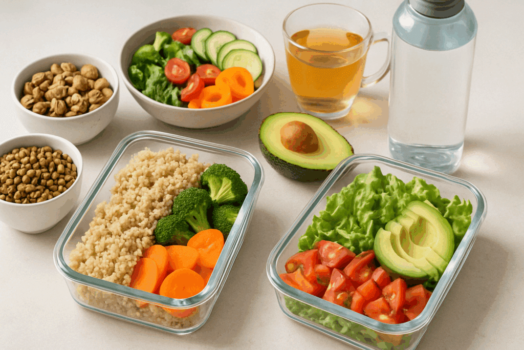 Why Does Diabetes Make You So Hungry? Understanding Diabetes Hunger and How to Stop It Naturally 4 Balanced meal prep with lentils, quinoa, avocado, and tea highlighting natural solutions to “Why does diabetes make you so hungry”