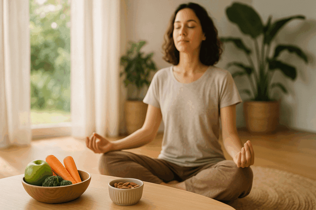 Why Does Diabetes Make You So Hungry? Understanding Diabetes Hunger and How to Stop It Naturally 5 Person meditating in a sunlit room with untouched healthy snacks nearby, illustrating mindful control—why does diabetes make you so hungry