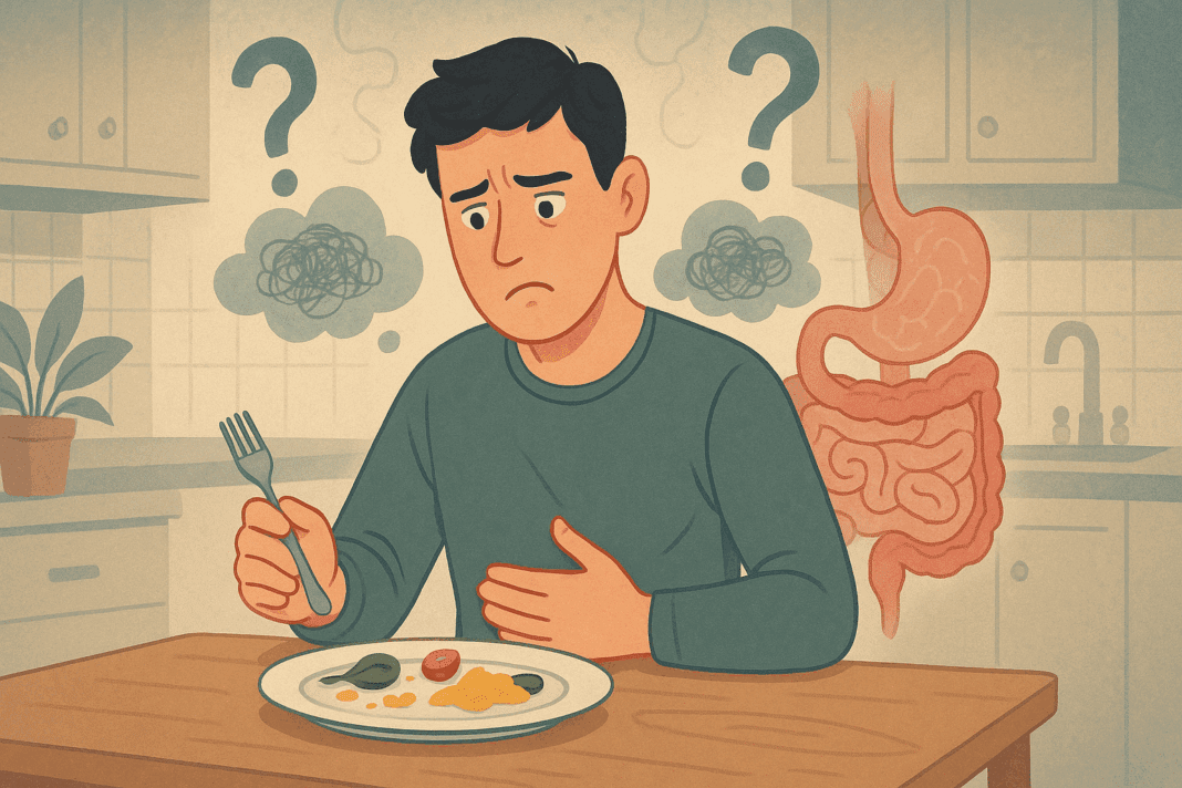 Person holding their stomach and looking confused at a half-eaten meal, symbolizing the question: why does my stomach feel empty even after eating.