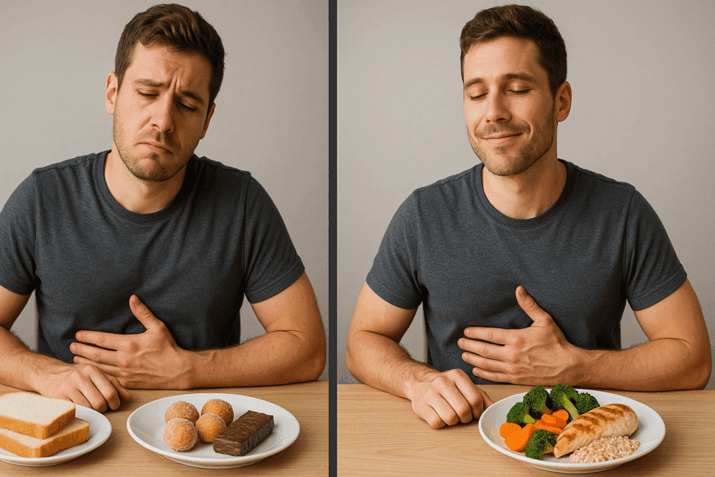 Why Does My Stomach Feel Empty Even After Eating? Understanding Hunger Pains, Appetite Changes, and What They May Signal 2 Split-screen comparison showing a man feeling discomfort after eating junk food and content after a whole-food meal, illustrating why does my stomach feel empty even after eating.