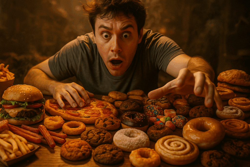 Why Does My Stomach Feel Empty Even After Eating? Understanding Hunger Pains, Appetite Changes, and What They May Signal 4 Person overwhelmed by cravings, surrounded by junk food and sweets, symbolizing why does my stomach feel empty even after eating.