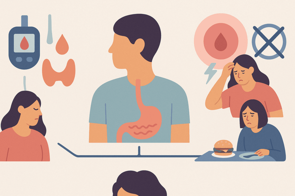 Why Does My Stomach Feel Empty Even After Eating? Understanding Hunger Pains, Appetite Changes, and What They May Signal 6 Infographic visualizing medical and psychological causes of persistent hunger, answering why does my stomach feel empty even after eating