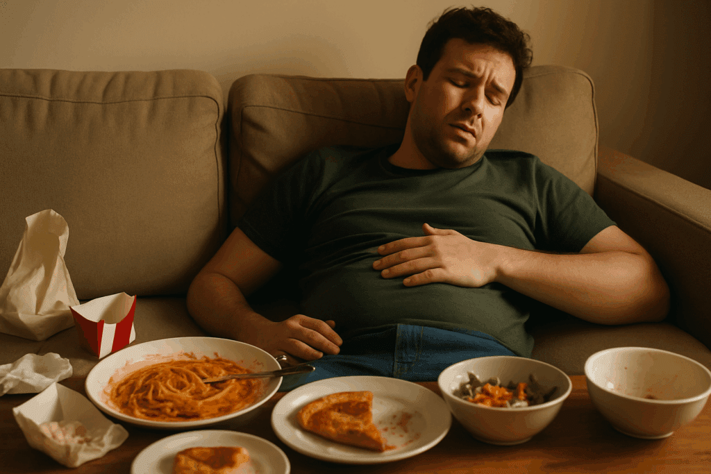 Why Does My Stomach Hurt After I Eat? Understanding Common Causes of Abdominal Pain and How to Find Relief Naturally 3 Man clutching his stomach in discomfort on a couch after overeating, surrounded by empty dishes—highlighting why does my stomach hurt after I eat?