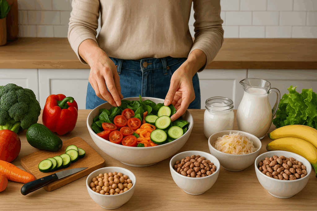 Why Does My Stomach Hurt After I Eat? Understanding Common Causes of Abdominal Pain and How to Find Relief Naturally 6 Person preparing a fiber-rich salad with yogurt, sauerkraut, and legumes in a clean kitchen—answers the question why does my stomach hurt after I eat? by highlighting gut-friendly foods.