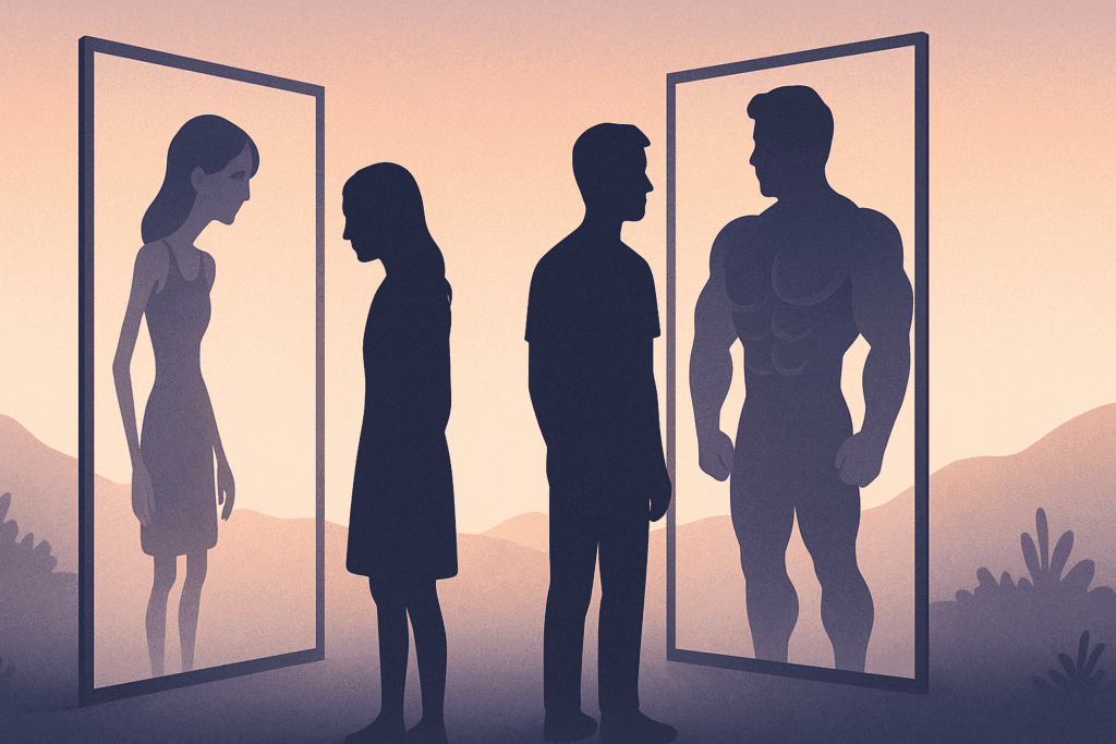 Why Male Eating Disorders Are Overlooked: What to Know About Anorexia in Guys and the Growing Mental Health Crisis 1 "Conceptual landscape showing a young woman and a young man each facing mirrors, with the woman's reflection appearing frail and the man's muscular, symbolizing societal pressures and the internal struggles related to male eating disorders.