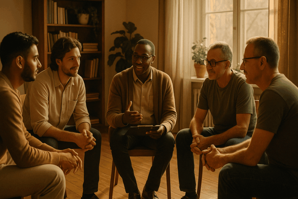 Why Male Eating Disorders Are Overlooked: What to Know About Anorexia in Guys and the Growing Mental Health Crisis 5 Support group session with a male therapist and diverse men in various stages of recovery from male eating disorders, engaging in a warm, welcoming therapy environment. The group is seated in a cozy, sunlit room with soft lighting, creating an emotional safe space for open sharing and support
