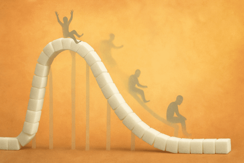 Rollercoaster made of sugar cubes symbolizing energy highs and lows, illustrating Why Sugar Crashing Happens and How to Prevent It.