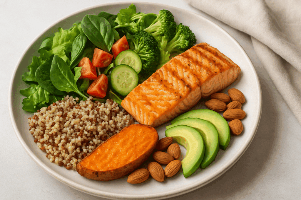 Why Sugar Crashing Happens and How to Prevent It: Expert Tips for Avoiding a Carb Crash and Staying Energized Naturally 4 Balanced meal with salmon, quinoa, leafy greens, and avocado illustrating Why Sugar Crashing Happens and How to Prevent It