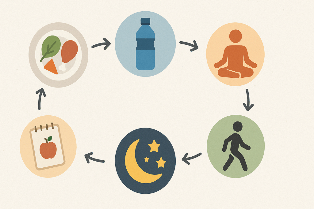 Why Sugar Crashing Happens and How to Prevent It: Expert Tips for Avoiding a Carb Crash and Staying Energized Naturally 7 Infographic showing six interconnected strategies like hydration, sleep, and balanced meals to explain why sugar crashing happens and how to prevent it.