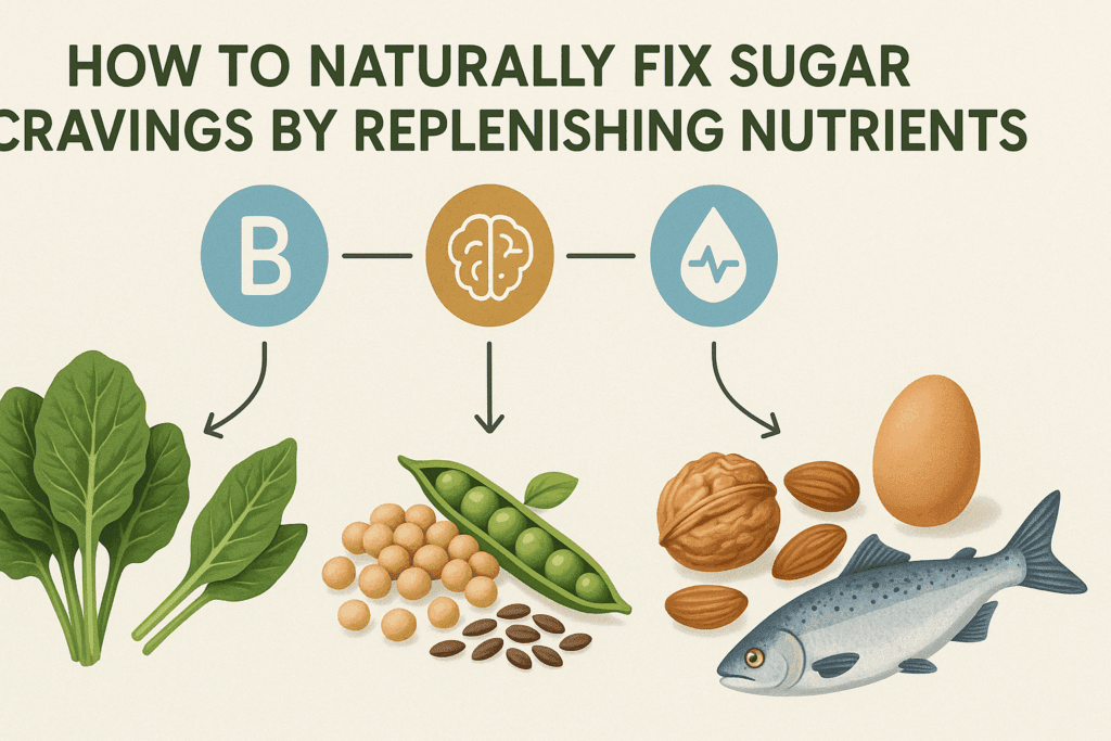 Why You Crave Sugar: What Vitamin Deficiency Causes Sugar Cravings and How to Fix It Naturally 6 Infographic showing natural food sources that help fix sugar cravings, linked to what vitamin deficiency causes sugar cravings through icons representing brain health and blood sugar control