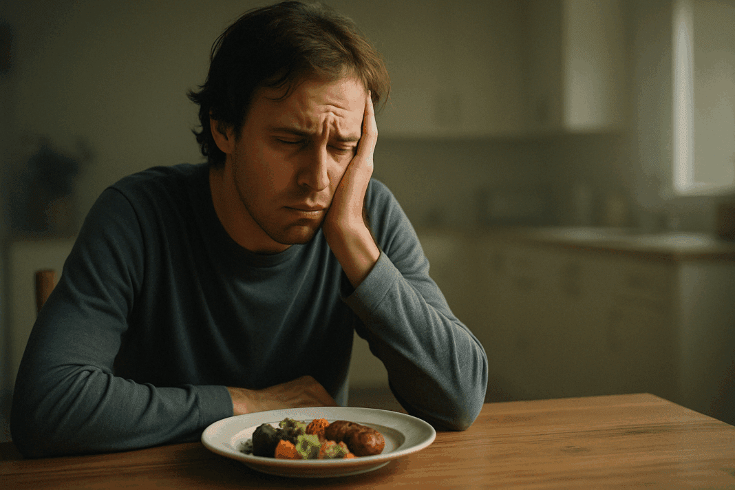A young man with unkempt brown hair, sitting alone at a wooden table in a softly lit kitchen. He looks fatigued and slightly nauseous, with an untouched plate of vegetables and meat in front of him. The scene conveys a sense of isolation and introspection in soft, neutral tones, evoking a mood of discomfort during early morning or late afternoon