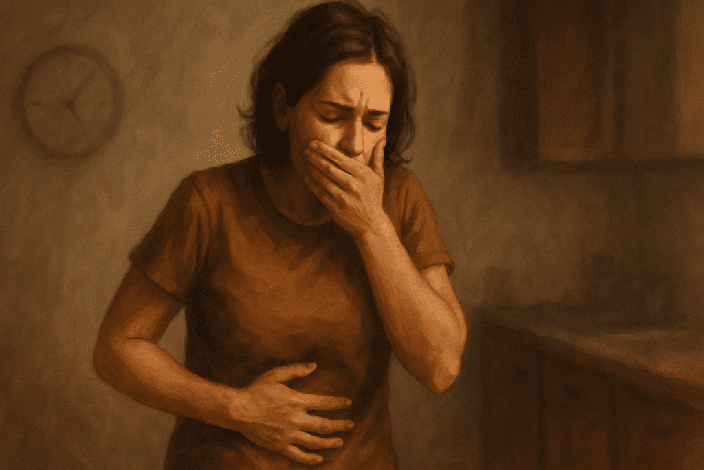 Why You Might Feel Nauseous from Not Eating: Understanding Hunger-Related Nausea and How to Find Relief 2 Young adult woman standing in a dimly lit kitchen, holding her stomach with one hand to represent hunger and covering her mouth with the other hand, indicating nausea. The image captures a moment of emotional distress, with a blurred clock in the background subtly suggesting stress and unease. Warm, muted tones enhance the discomfort and internal conflict the subject is experiencing