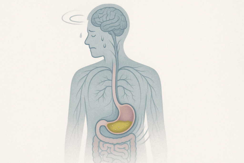 Why You Might Feel Nauseous from Not Eating: Understanding Hunger-Related Nausea and How to Find Relief 3 Medical illustration of a stressed human figure showing bile buildup in an empty stomach, with a visible nervous system and subtle signs of discomfort like dizziness and sweating, representing the science behind vomiting from not eating