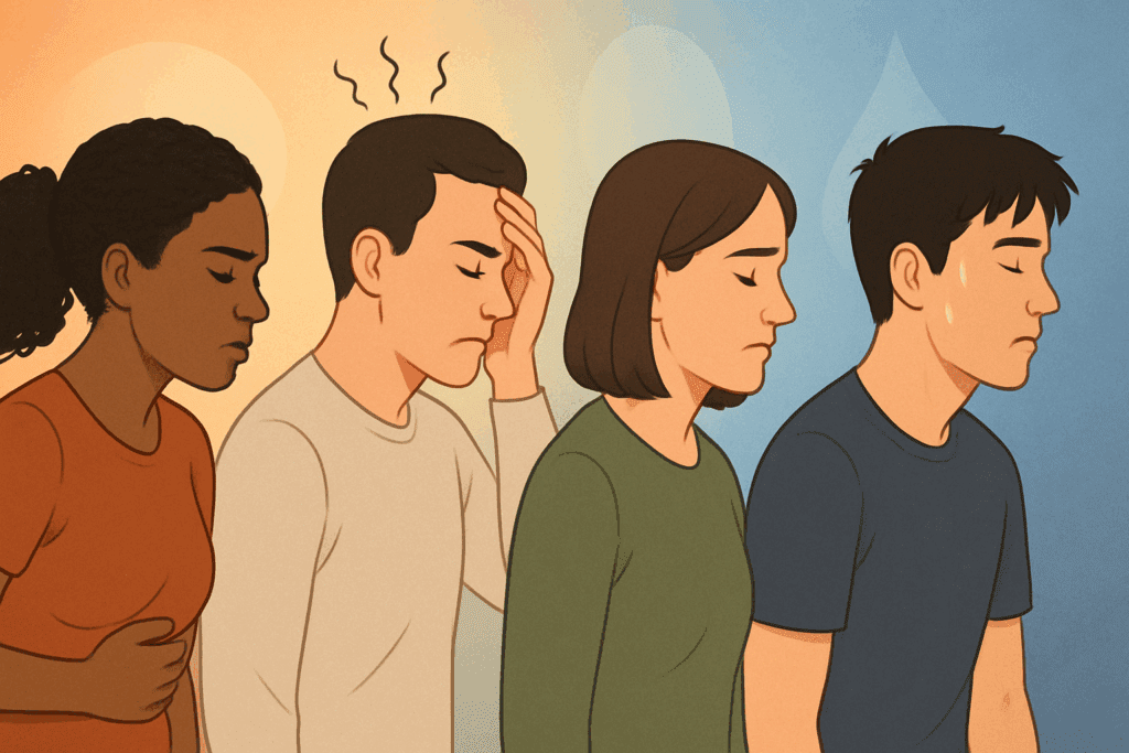 Why You Might Feel Nauseous from Not Eating: Understanding Hunger-Related Nausea and How to Find Relief 4 Group of diverse individuals showing different triggers for nausea from not eating, including a person clutching their stomach, another with signs of stress, and others displaying fatigue and discomfort, set against a soft gradient background symbolizing metabolic and hormonal differences