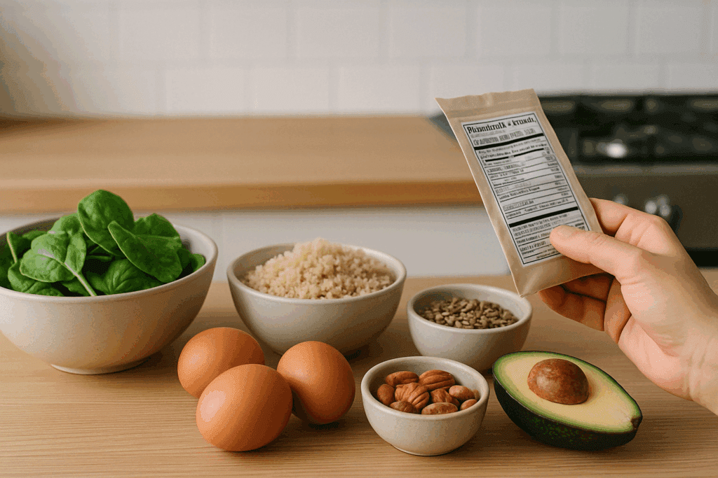 Zero Sugar, Full Nutrition: Expert-Approved No Sugar Meal Plan with a Complete List of Sugar Free Foods 2 Bowls of leafy greens, quinoa, eggs, seeds, nuts, and avocado on a kitchen counter as part of a no sugar meal plan, with a hand inspecting a nutrition label.