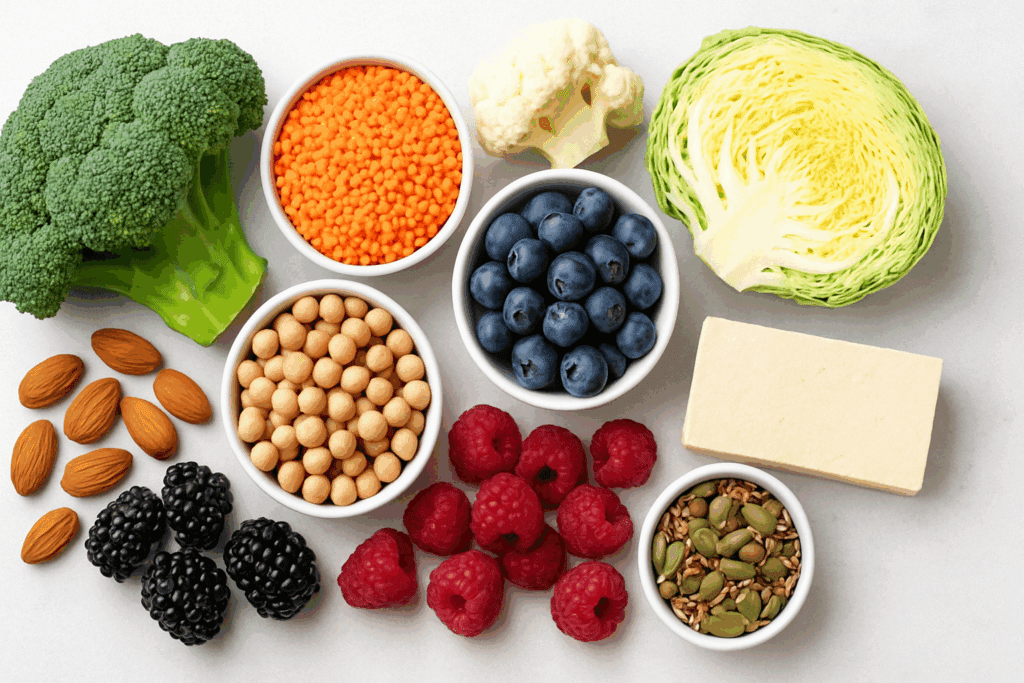 Zero Sugar, Full Nutrition: Expert-Approved No Sugar Meal Plan with a Complete List of Sugar Free Foods 4 Colorful flat-lay of cruciferous vegetables, lentils, chickpeas, berries, nuts, seeds, and tofu arranged to represent a no sugar meal plan.