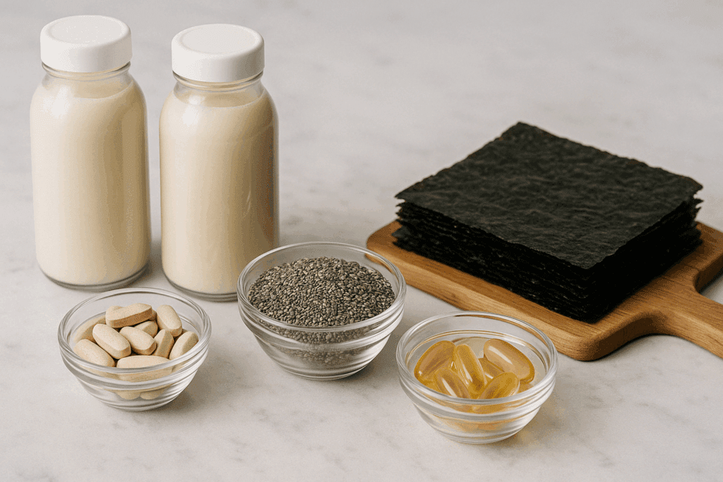 High Protein Vegan Diet Plan: How to Fuel Muscle, Energy, and Wellness with Plant-Based Power 4 Essential foods and supplements in a high protein vegan diet plan, including plant-based milk, chia seeds, nori sheets, and vitamins on a marble counter.