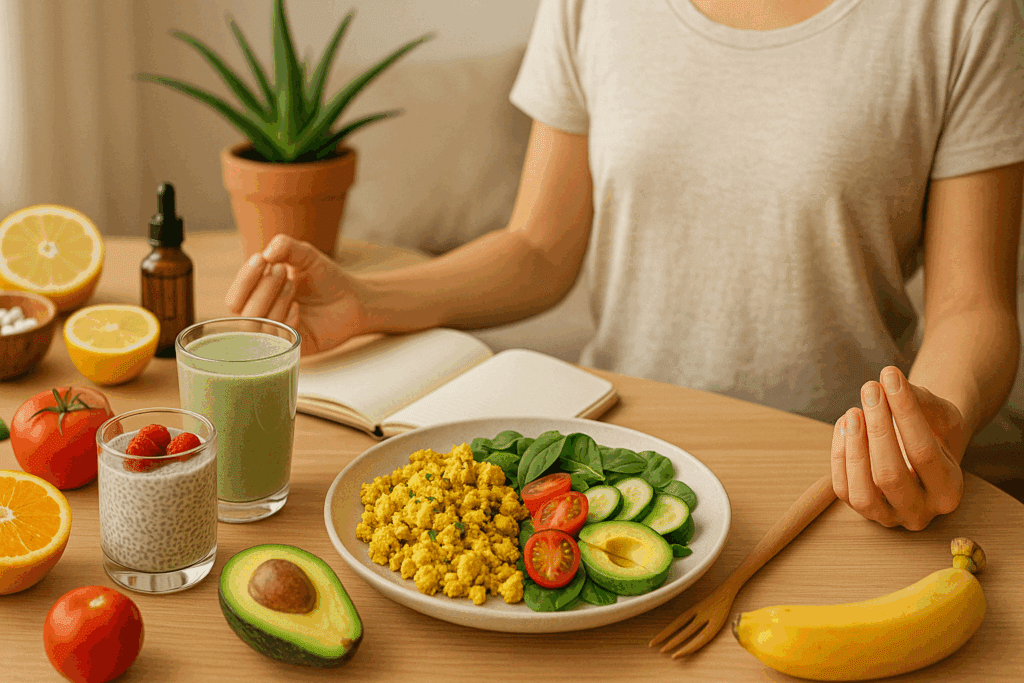 High Protein Vegan Diet Plan: How to Fuel Muscle, Energy, and Wellness with Plant-Based Power 7 Person enjoying a balanced vegan breakfast with tofu scramble, chia pudding, and a green smoothie—part of a high protein vegan diet plan for hormonal and metabolic health.