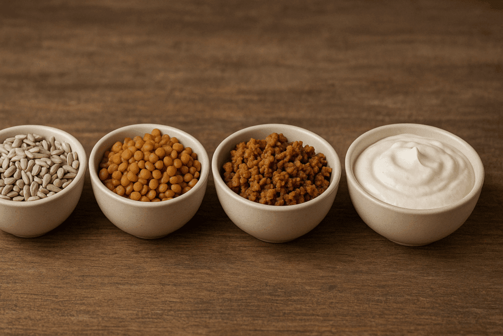 Smart Strategies for Plant-Based Eating on a Budget: How to Nourish Your Body Without Overspending 4 Small ceramic bowls on a rustic wooden table displaying affordable swaps for plant based eating on a budget, including sunflower seeds, lentils, tofu cream, and plant-based meat.