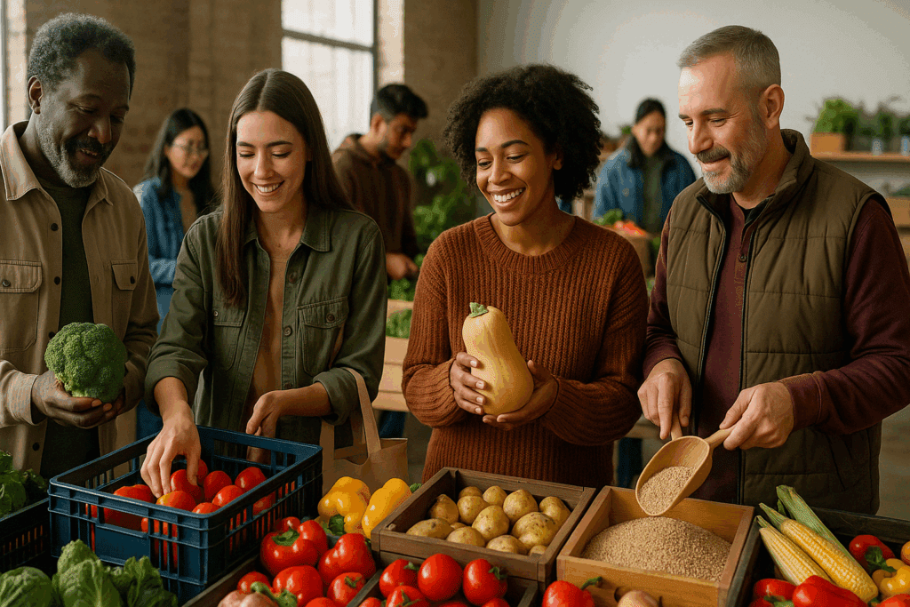 Smart Strategies for Plant-Based Eating on a Budget: How to Nourish Your Body Without Overspending 7 Diverse group of people selecting fresh produce at a community market, highlighting plant based eating on a budget.