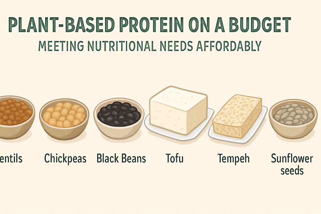 Smart Strategies for Plant-Based Eating on a Budget: How to Nourish Your Body Without Overspending 6 Bowl and plate servings of lentils, chickpeas, black beans, tofu, tempeh, and sunflower seeds displayed side by side in an infographic illustrating plant based eating on a budget.