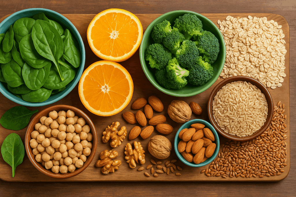 Assorted nutrient-rich foods including leafy greens, oranges, legumes, nuts, and whole grains arranged on a wooden board for a plant based grocery shopping list