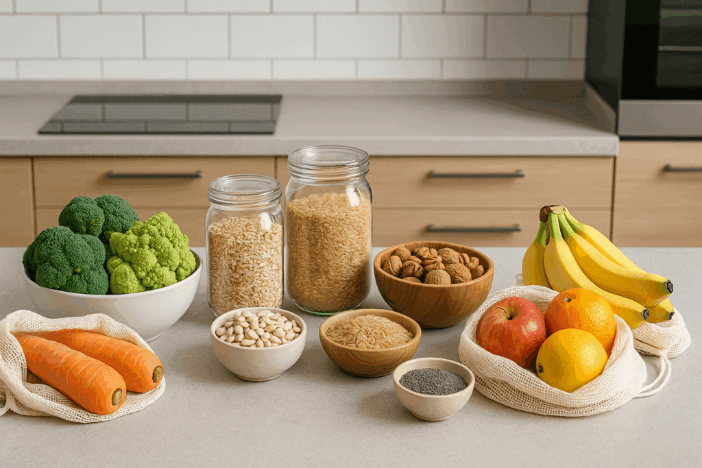 The Ultimate Plant-Based Grocery Shopping List: A Science-Backed Guide to Nourishing Your Health on a Vegan or Vegetarian Diet 2 Fresh ingredients from a plant based grocery shopping list, including broccoli, carrots, grains, legumes, nuts, seeds, and fruits on a modern kitchen counter.