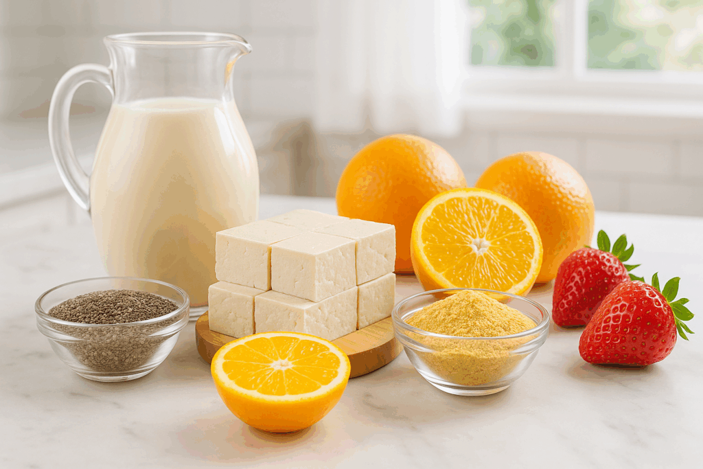 The Ultimate Plant-Based Grocery Shopping List: A Science-Backed Guide to Nourishing Your Health on a Vegan or Vegetarian Diet 3 Fortified plant-based grocery shopping list with almond milk, tofu, chia seeds, nutritional yeast, oranges, and strawberries on a kitchen counter